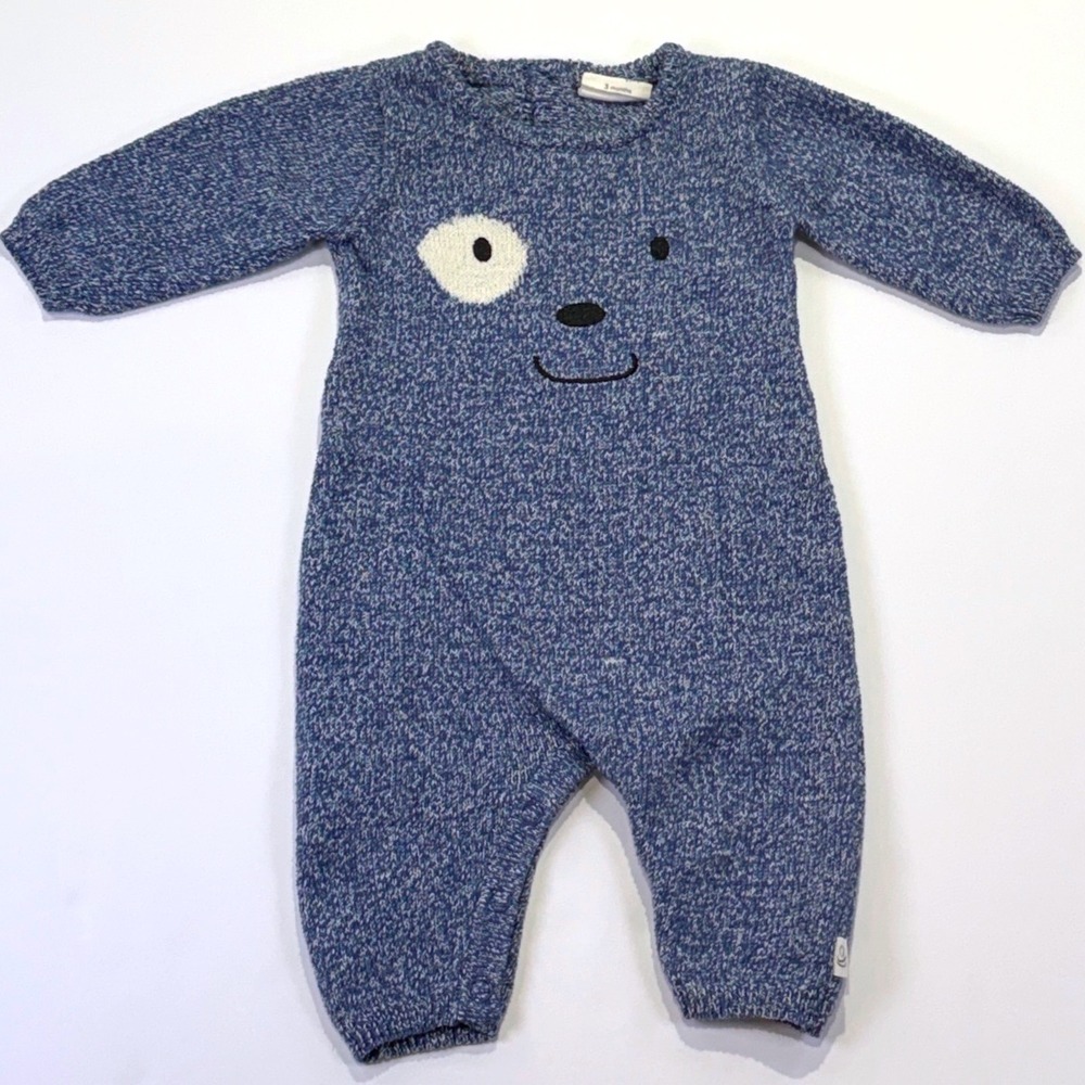 Cuddl Duds Baby Blue Marled Knit Dog Face Romper 3 Months Jumpsuit 1075C2